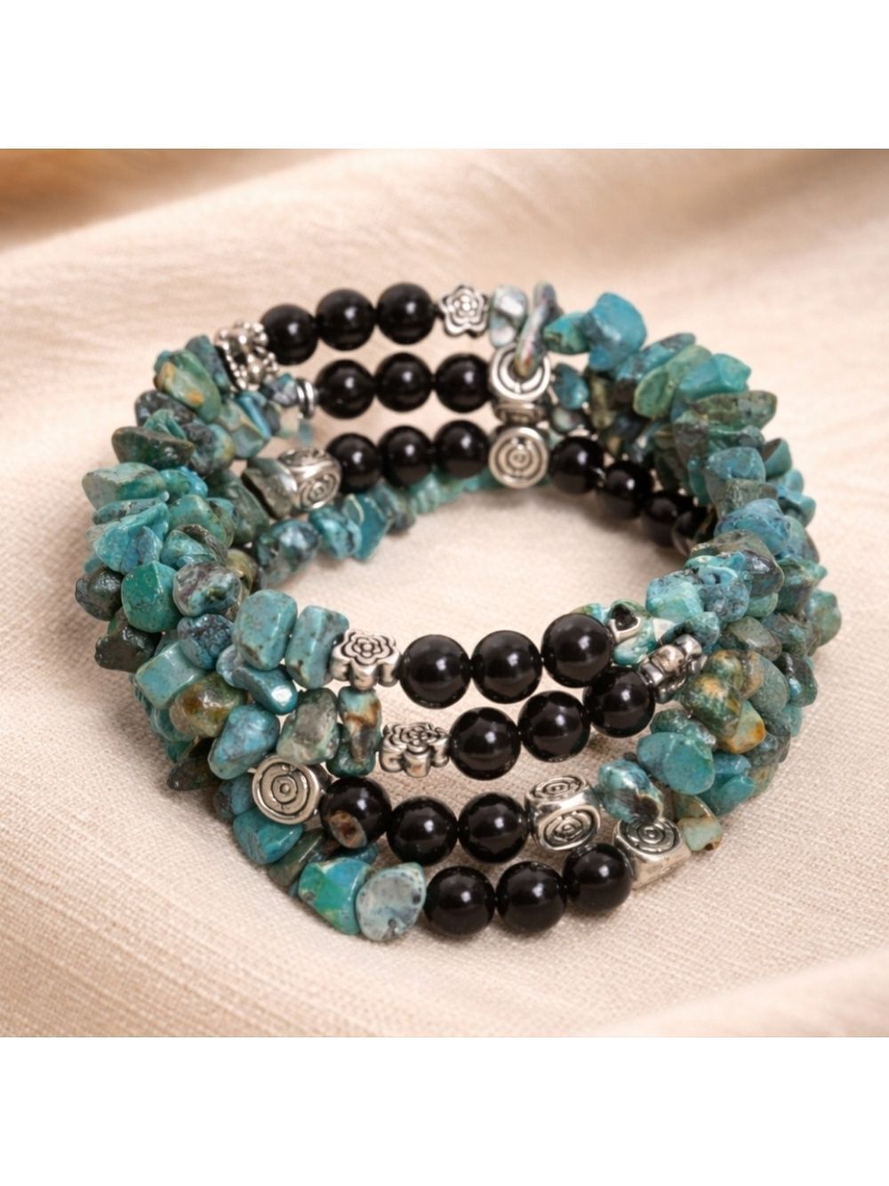Turquoise & Black Onyx Style Coil Wrap Bracelet – Boho Southwestern – New